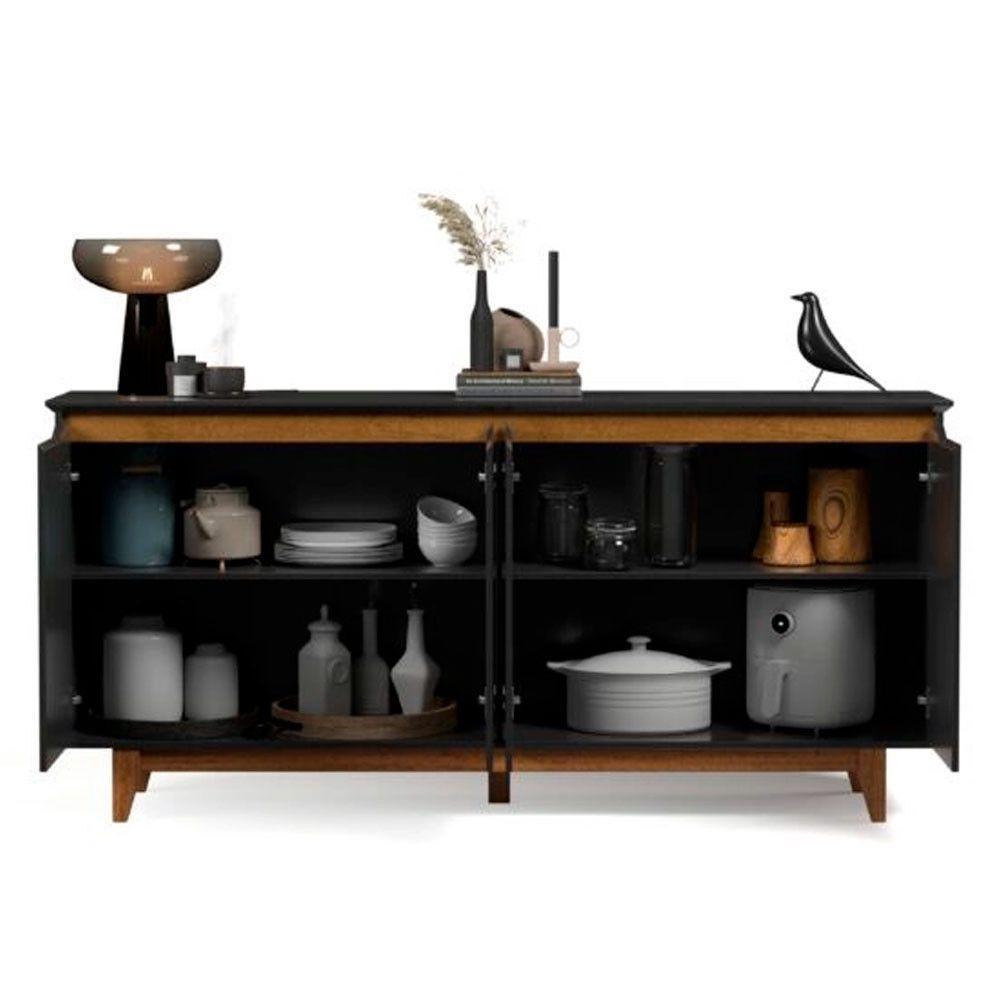 Balcão Buffet Flow 4 Portas Pés Madeira Maciça Ej Móveis Preto - 4