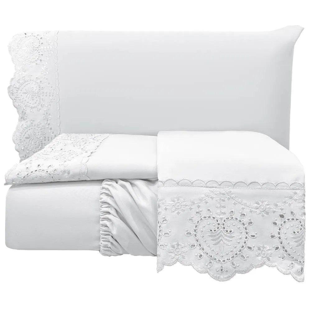 Jogo De Lençol Casal Padrão Bordado Ingles 300 Fios Nupcias 4 Peças - Branco - 1