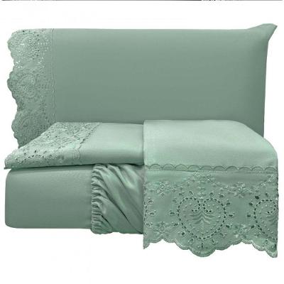 Jogo De Lençol Queen Bordado Ingles 300 Fios Nupcias 4 Peças - Menta