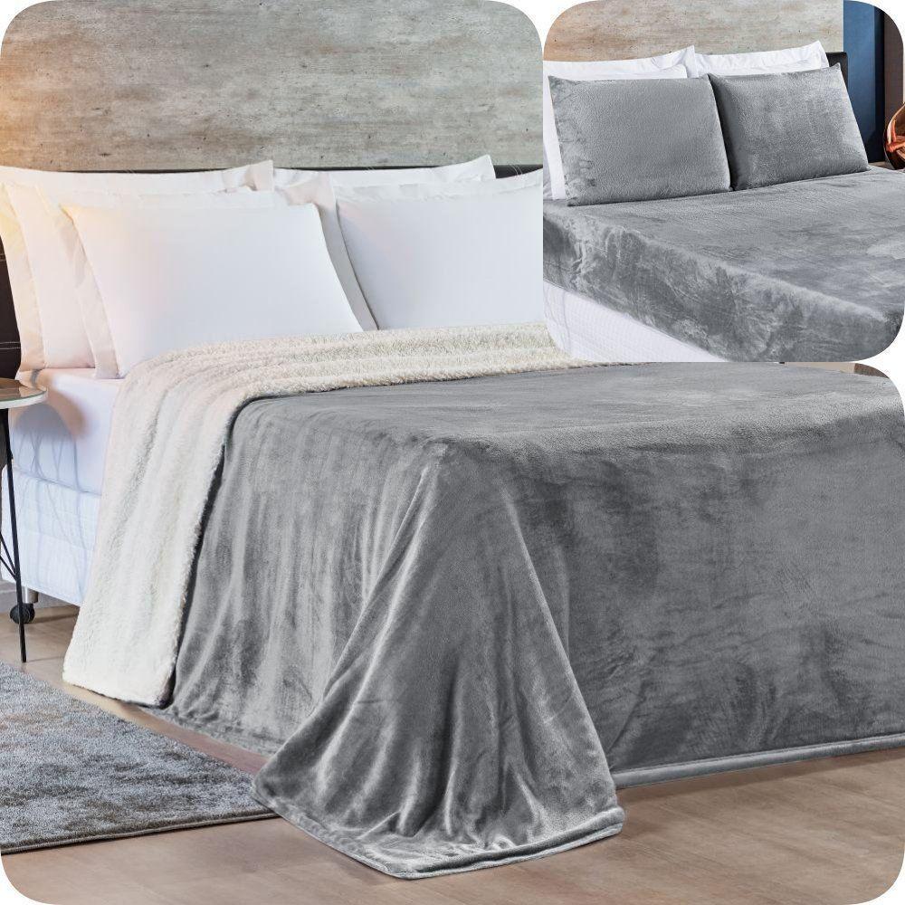 Kit Queen 4 Peças Cobertor Sherpa New Alaska + Jogo Lençol Soft - Cinza - 1