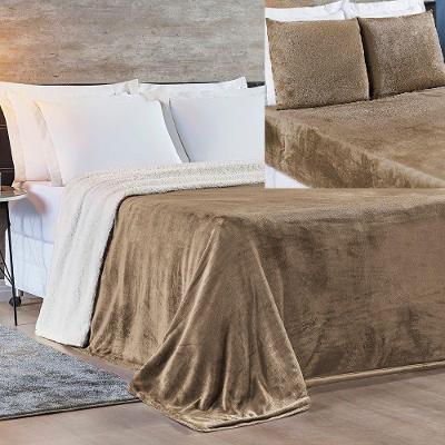 Kit Queen 4 Peças Cobertor Sherpa New Alaska + Jogo Lençol Soft - Caqui