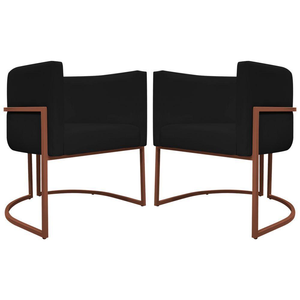 Kit 2 Poltronas Recepção Luna Base De Ferro Bronze - Preto Corino - 4