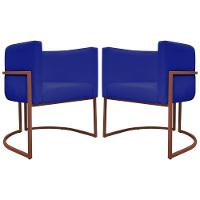 Kit 2 Poltronas Recepção Luna Base De Ferro Bronze - Azul-royal Corino