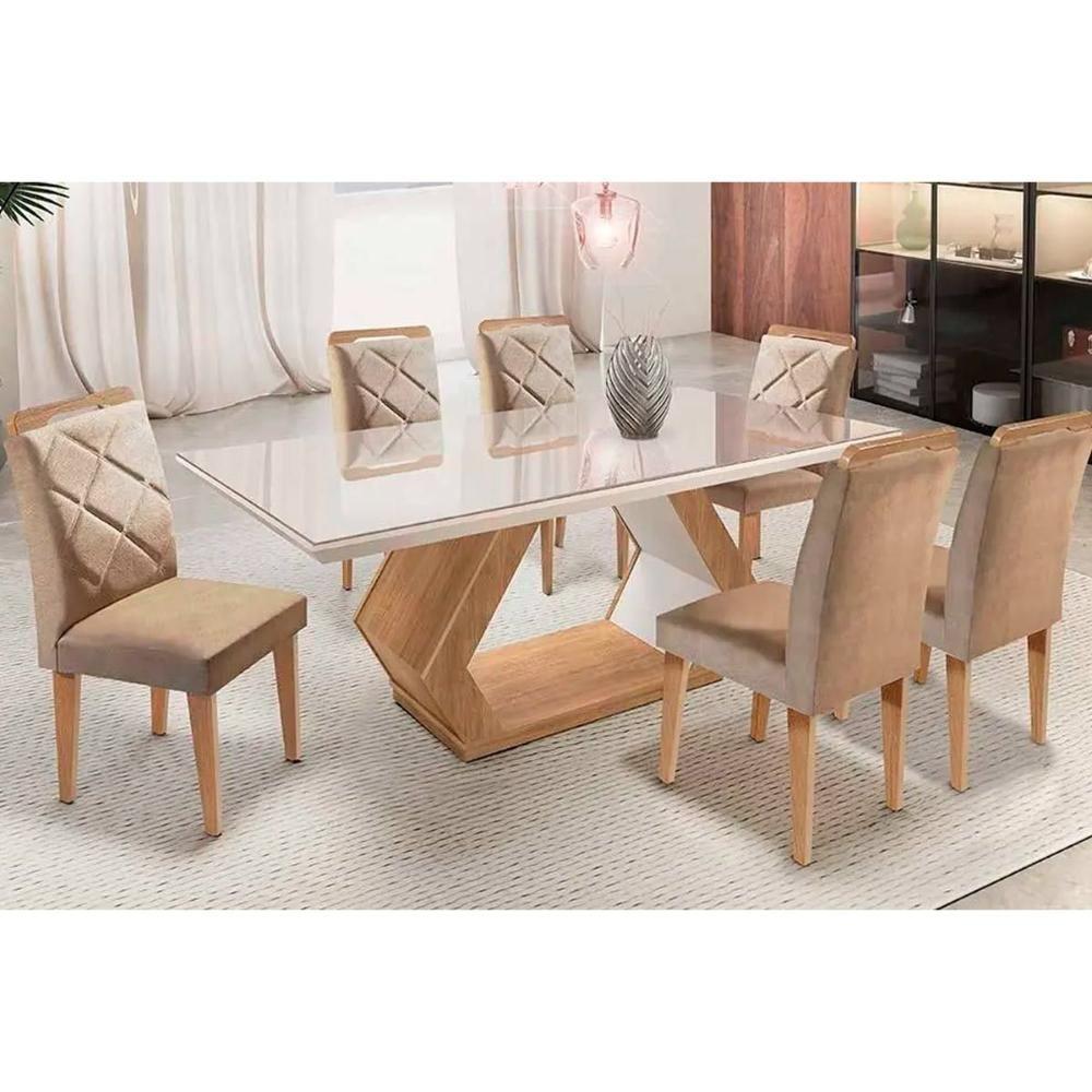 Sala De Jantar Alvorada C- Tampo C- Vidro 180x90cm E 6 Cadeiras Melissa Imbuia-linho Turim Rufato - 1