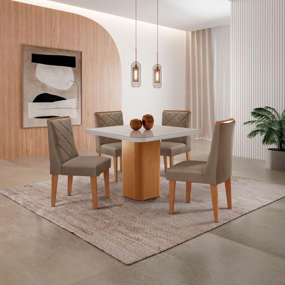 Mesa De Jantar Eloise Canto Copo 4 Cadeiras Isadora Moderna Veludo Capuccino/off White/naturale - 1