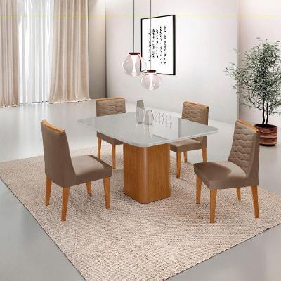 Mesa De Jantar Eloise Canto Copo 4 Cadeiras Moderna Mobília Veludo Capuccino/off White/naturale