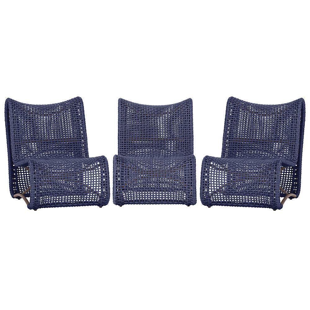 3 Poltronas Texas Em Alumínio Marrom Corda Náutica Trama Azul - 1