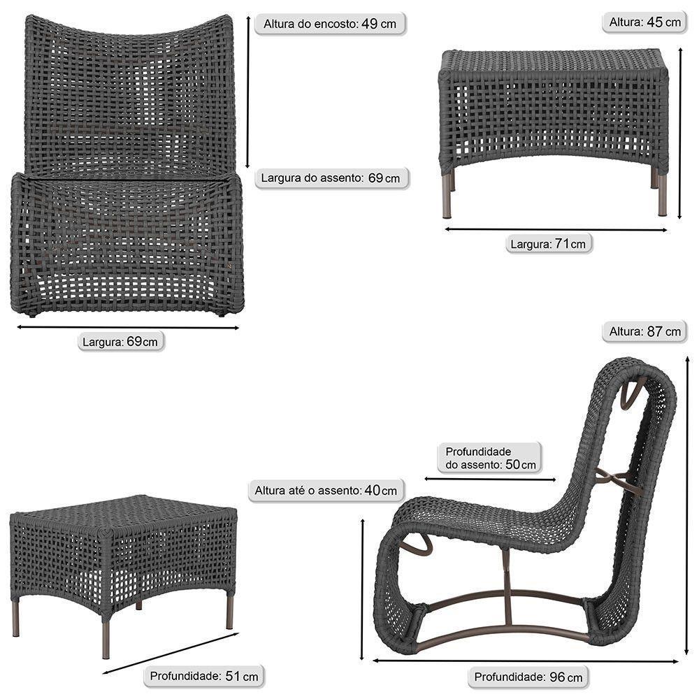2 Poltronas E Mesa Texas Alumínio Marrom Corda Náutica Trama Preto - 2