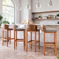 Kit 4 Banquetas Exclusiva Premium Linha Alta Assento Encosto Linho Almofadado Pé Madeira Maciça Retro - 2