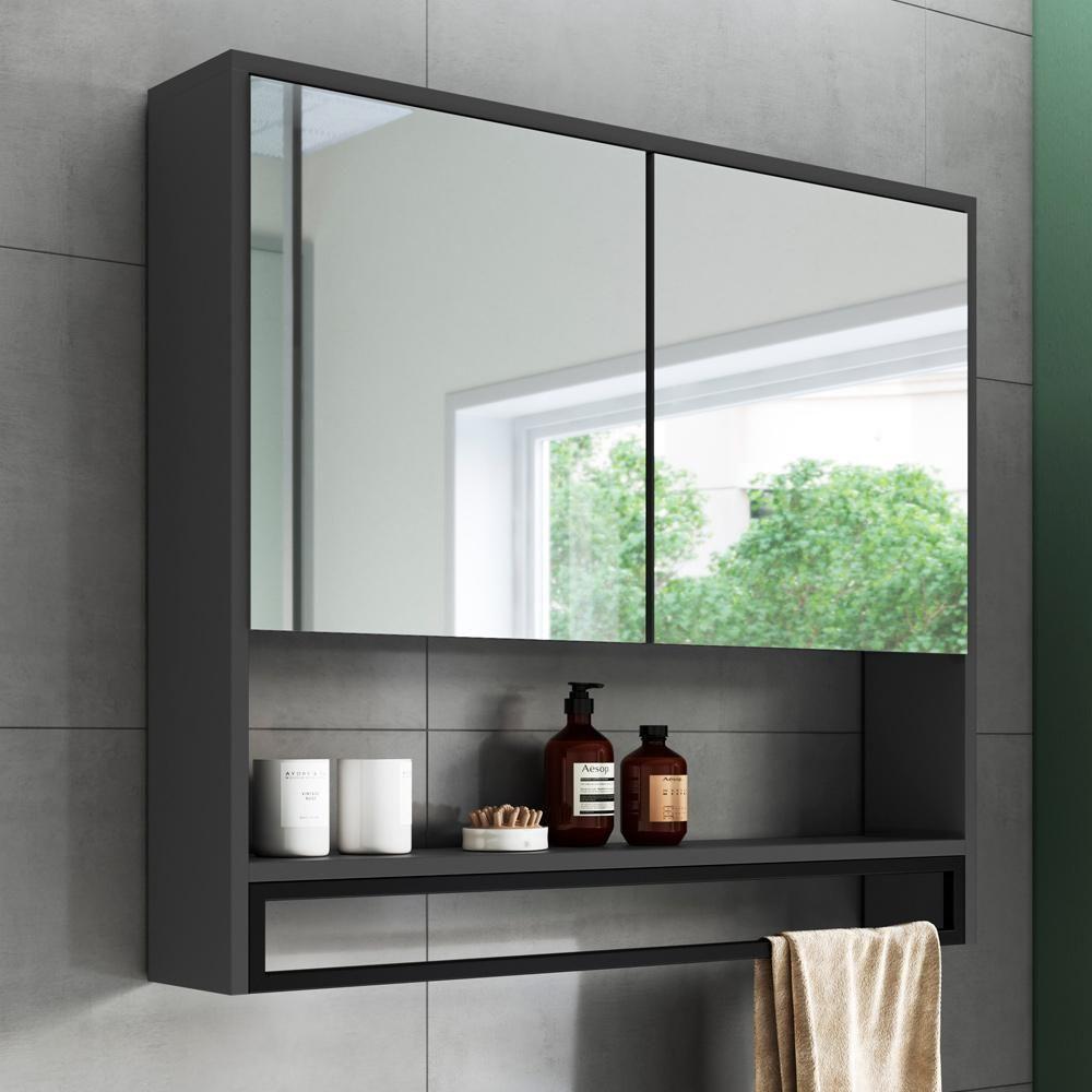 Armario Espelheira Suspenso 80 Cm 2 Portas E Toalheiro P1041 Grafite Pp Milani Store Grafite - 2