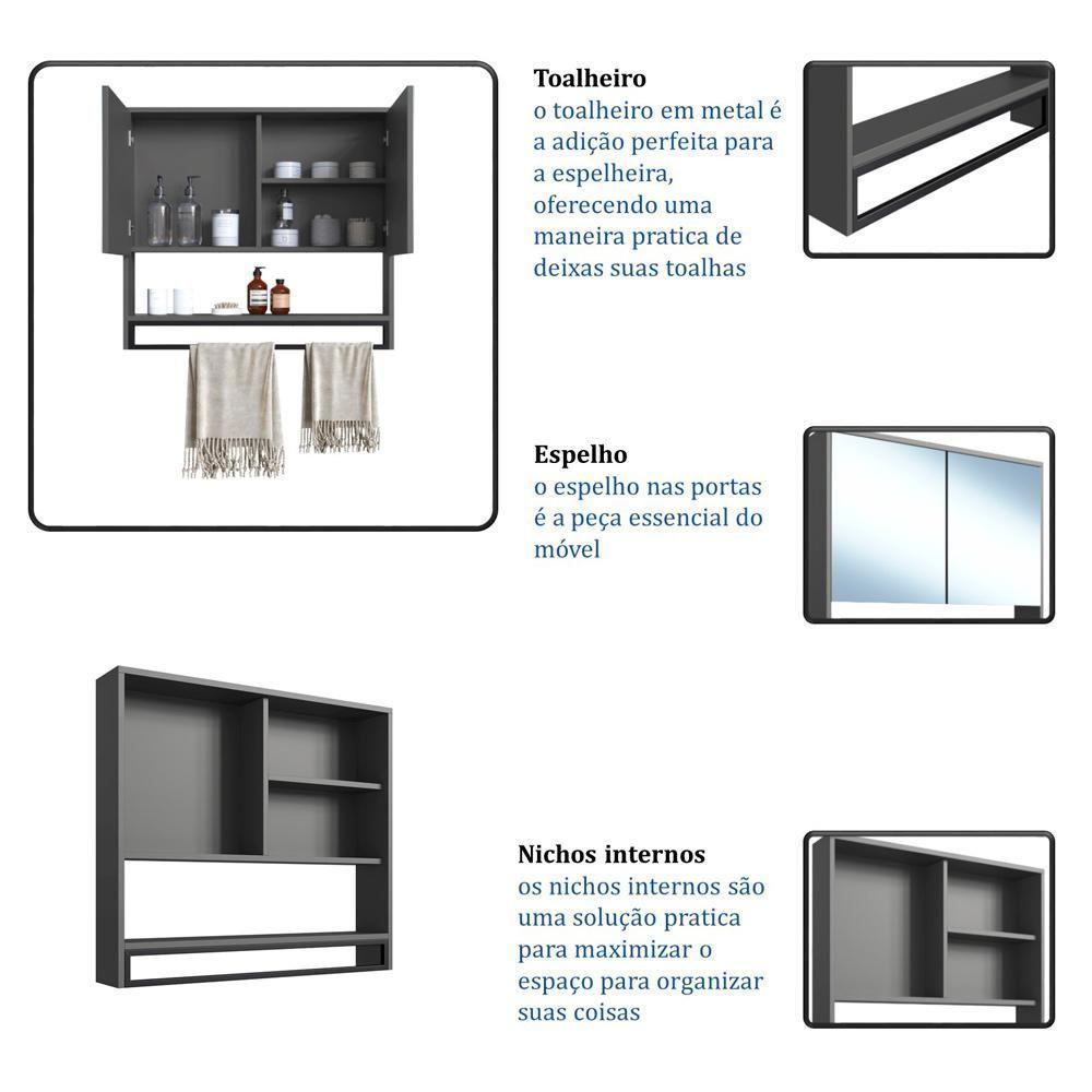 Armario Espelheira Suspenso 80 Cm 2 Portas E Toalheiro P1041 Grafite Pp Milani Store Grafite - 7