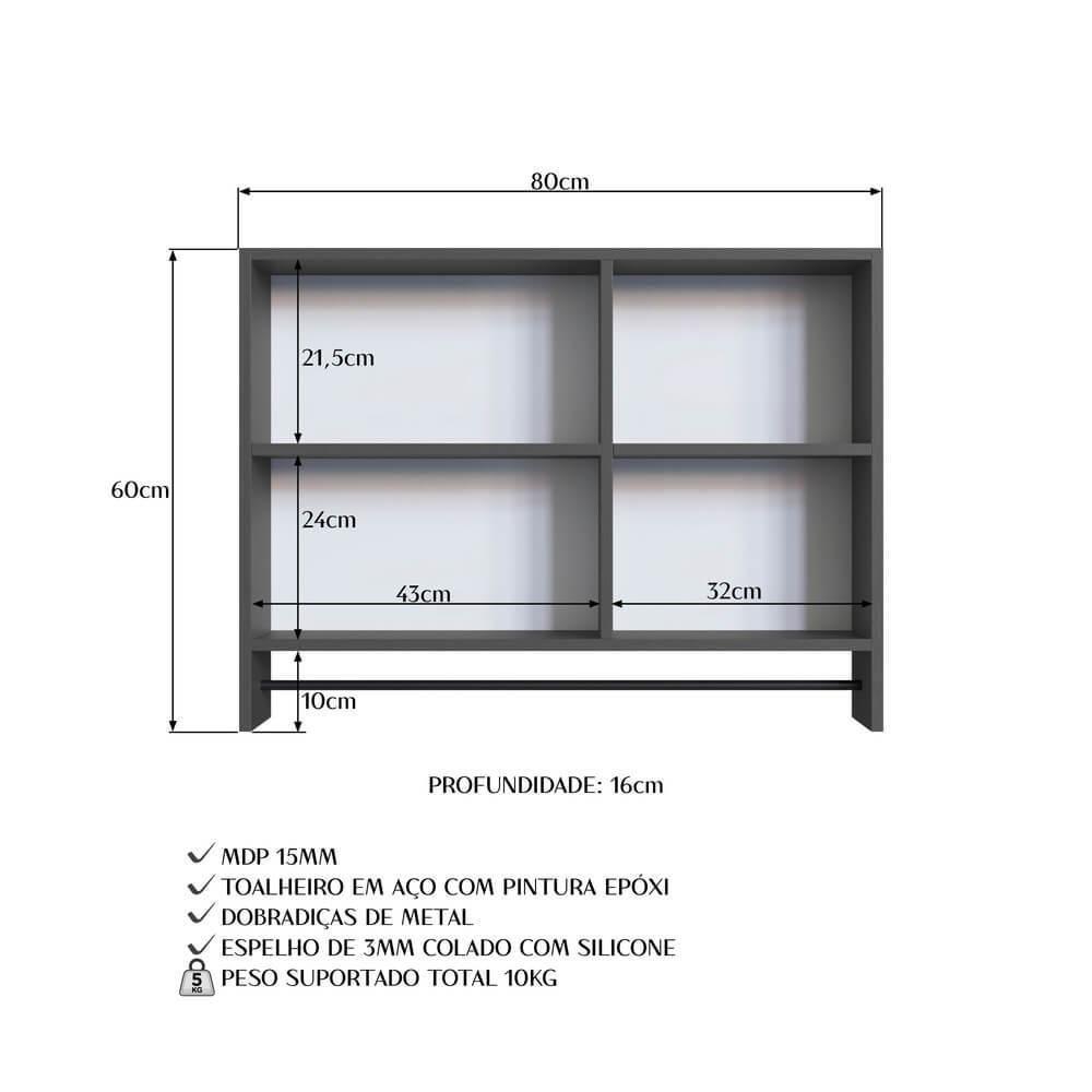 Armario Para Banheiro 01 Porta Com Espelho 80cm Grafite Proddy Grafite - 3