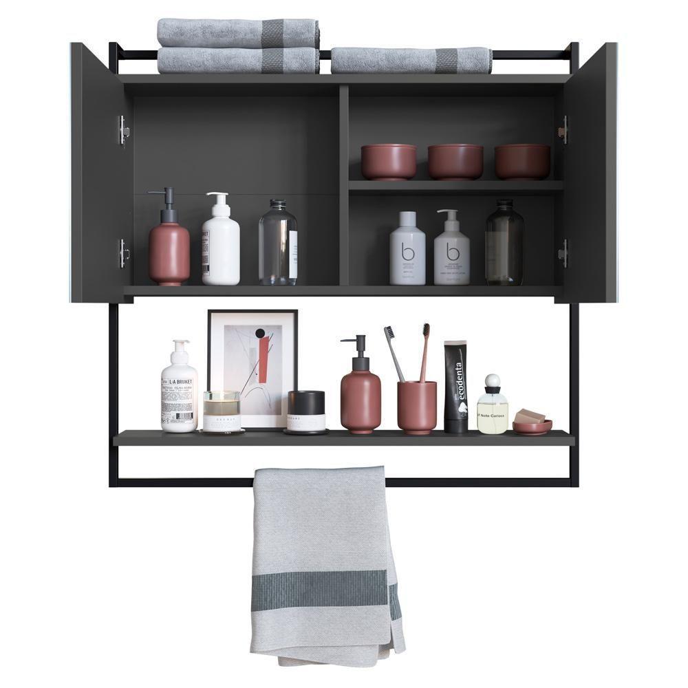 Armario Espelheira 80 Cm Com Toalheiro P1043 Grafite Pp Milani Store Grafite - 4