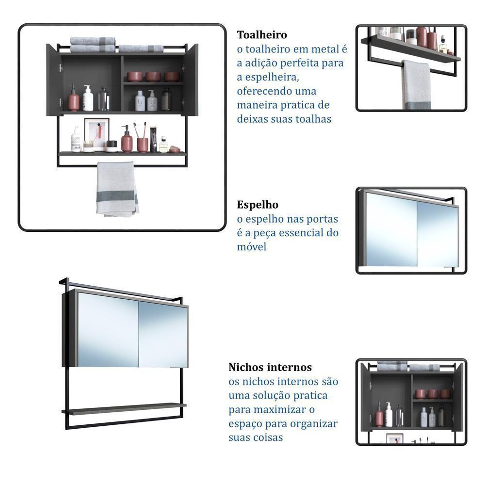 Armario Espelheira 80 Cm Com Toalheiro P1043 Grafite Pp Milani Store Grafite - 7