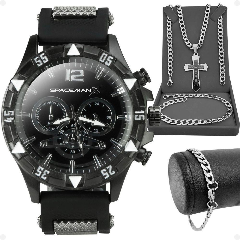 Relogio Masculino Preto + Pulseira + Cordão Prata Grumet Inoxidável Qualidade Premium Black Piano - 1