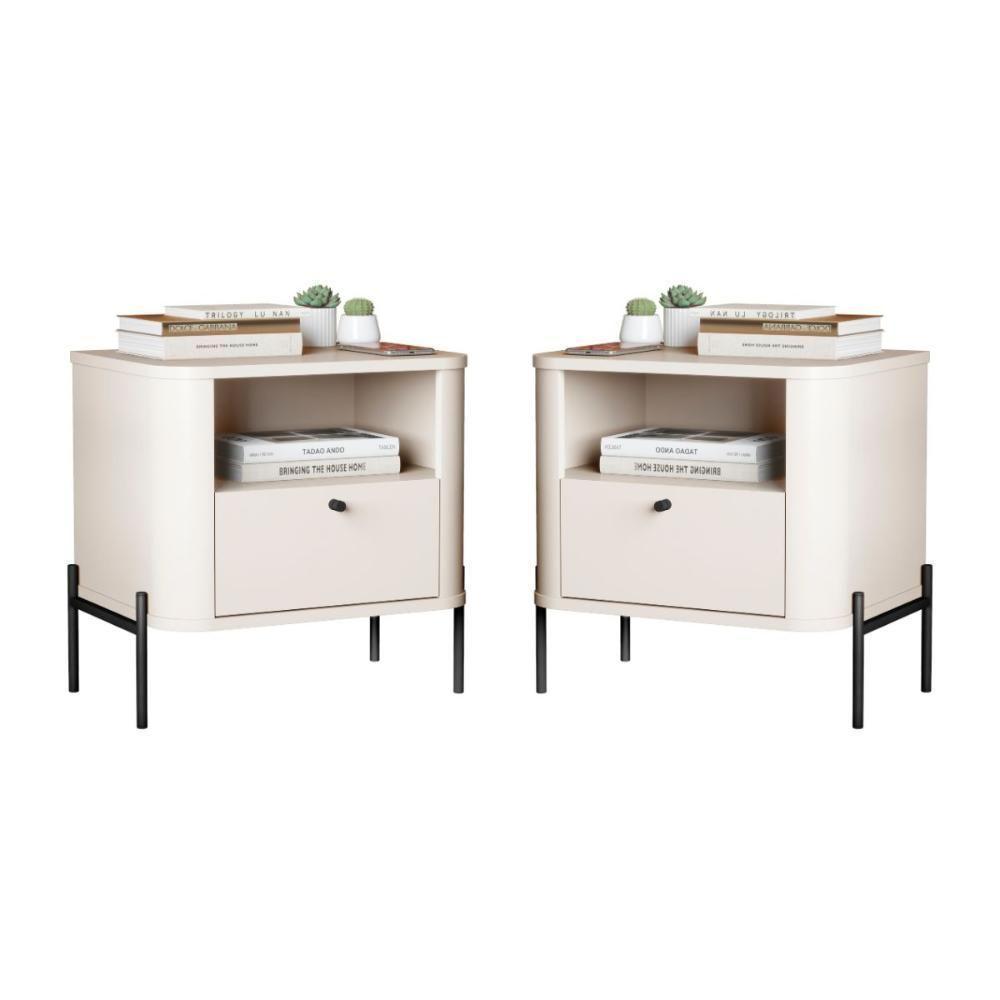 Conjunto Mesa De Cabeceira Malta Off White Preto - 1