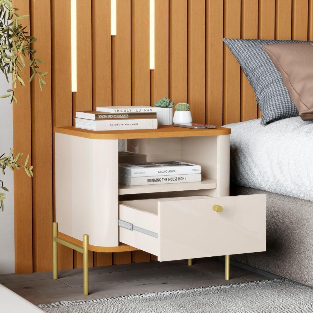 Conjunto Mesa De Cabeceira Malta Off White Nature Dourado - 4