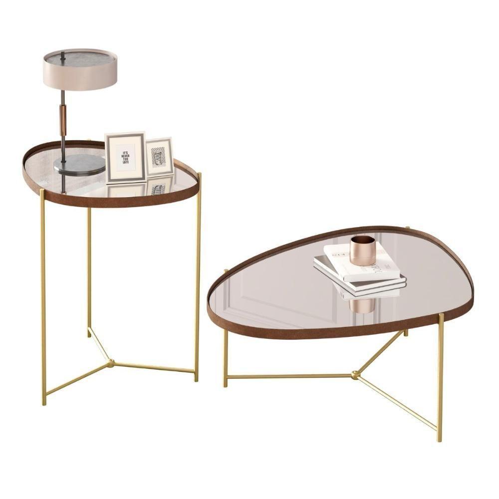 Jogo De Mesas Bergamo Castanho Dourado - 1