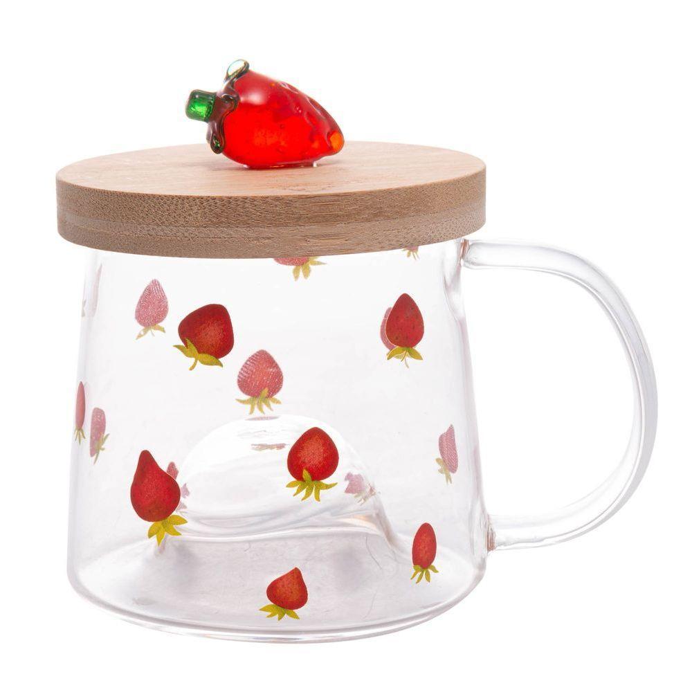 Caneca De Vidro Borossilicato Com Pires De Bambu Morango 330ml 5707 - Lyor - 1