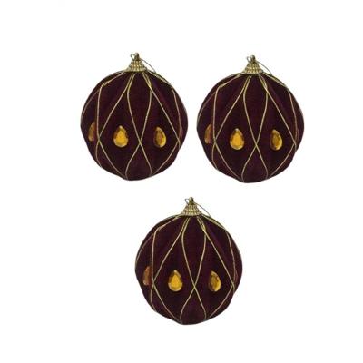 Bola Camurça Vinho Com Losango Dourado 10cm 3 Unidades Ht9232 - Master Christmas