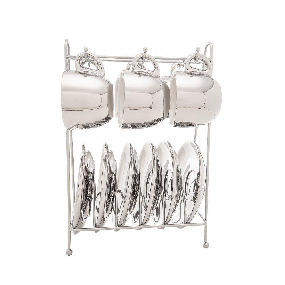 Conjunto 6 Xícaras De Café Com Pires De Porcelana E Suporte Versa Branco-prata 90ml - Wolff - 1