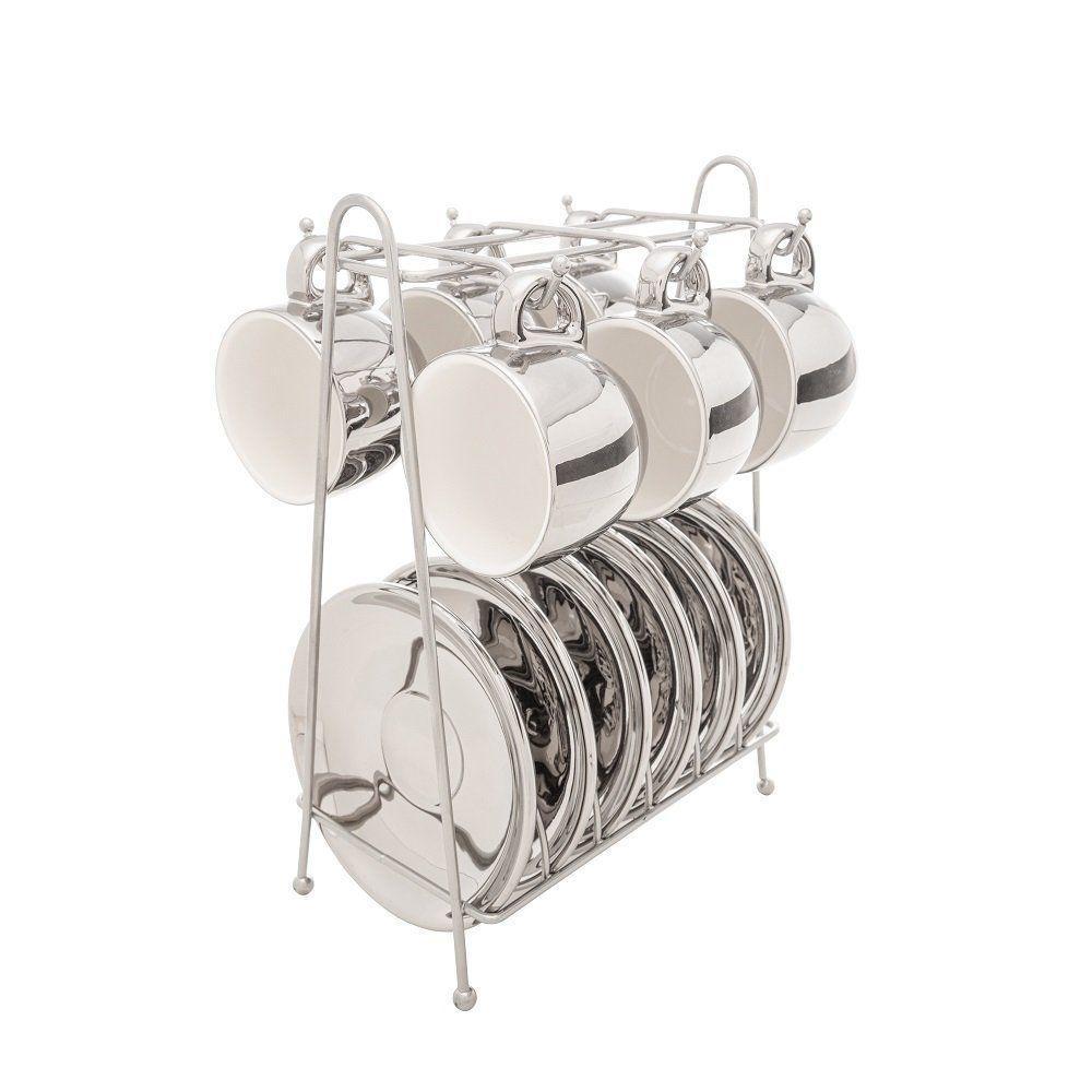 Conjunto 6 Xícaras De Café Com Pires De Porcelana E Suporte Versa Branco-prata 90ml - Wolff - 3