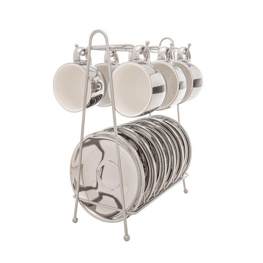 Conjunto 6 Xícaras De Café Com Pires De Porcelana E Suporte Versa Branco-prata 90ml - Wolff - 7