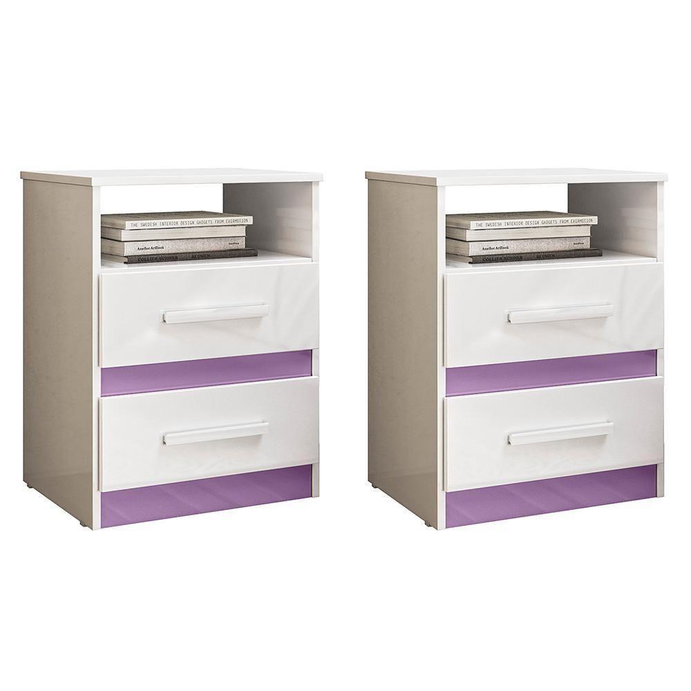 Kit 2 Mesas De Cabeceira Apolo 2 Gavetas Flex Branco Lilás Moval Branco Lilás - 1