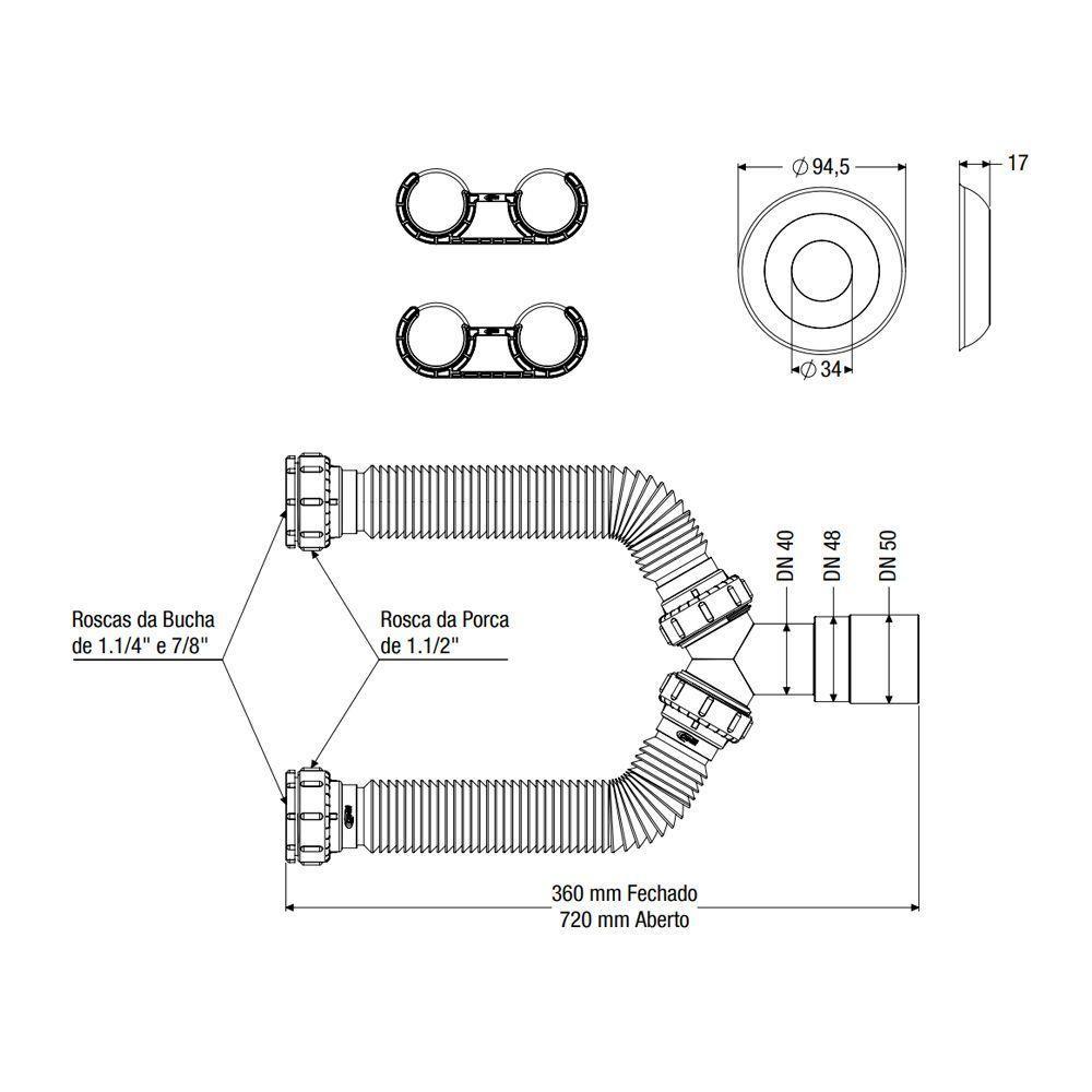 Sifão Duplo Sanfonado Extensível Censi 72cm Cromado - 3