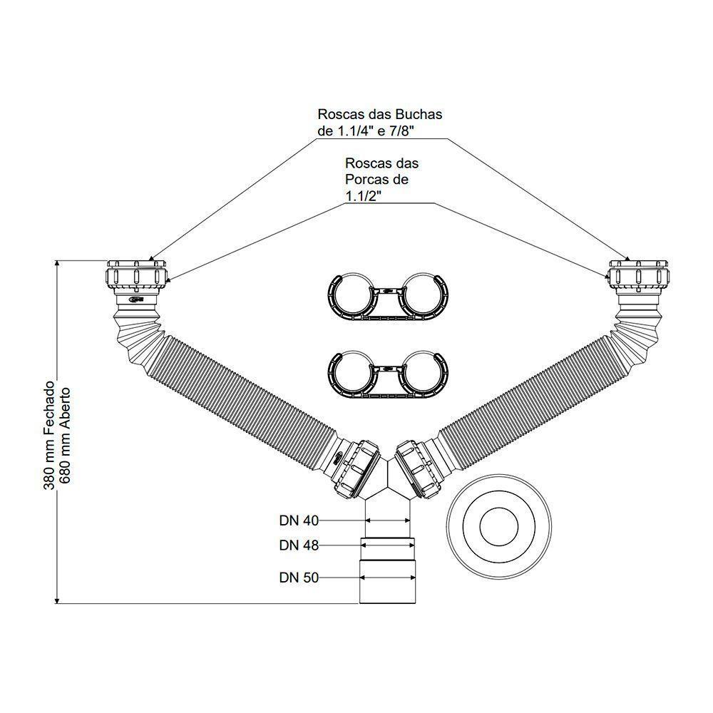 Sifão Duplo Sanfonado Extensível Censi 68cm Preto Preto 7214-01001 - 2