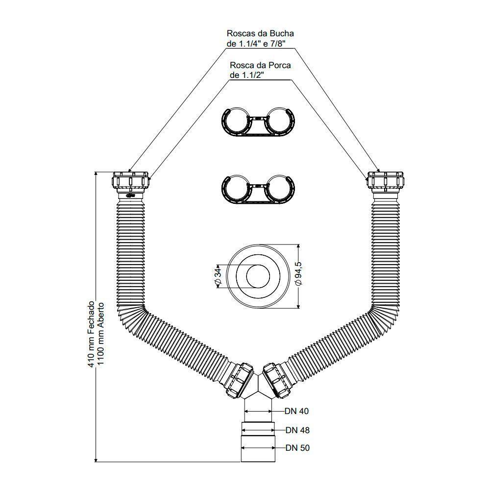 Sifão Duplo Sanfonado Extensível Censi 1,1m Branco Branco 7200-01001 - 2