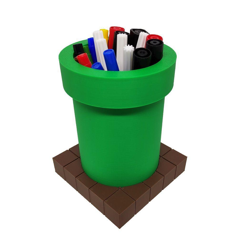 Porta Objetos Caneta Cano Com Base Tijolinhos 3d Decorativo Mario Geek Gamer - 1
