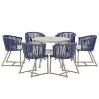 Mesa E 6 Cadeiras De Jantar Noronha Fendi E3 Trama Original Azul - 1