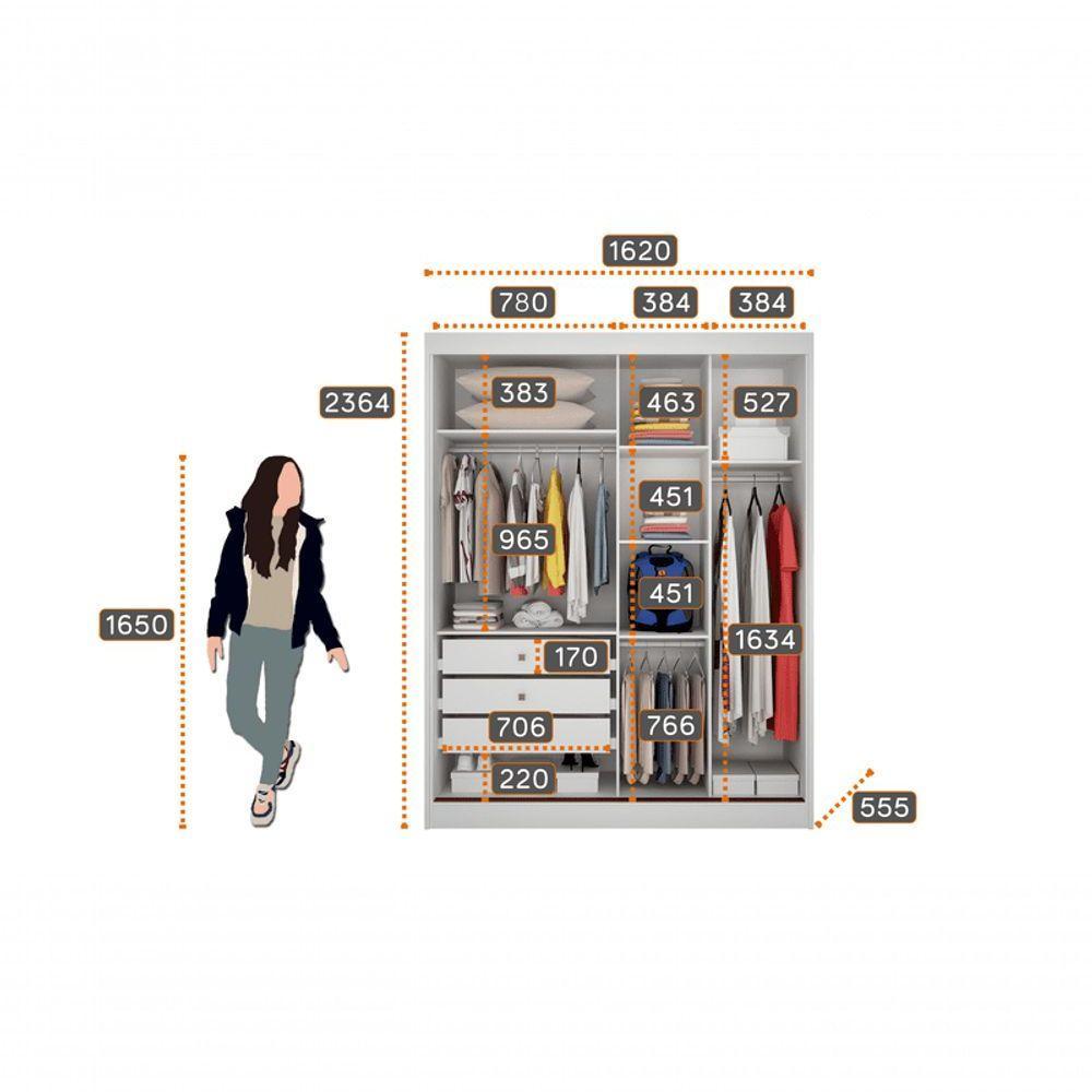 Guarda Roupa Solteiro Com Espelho Mdf 3 Gavetas Virtus -branco Móveis Novo Horizonte - 4