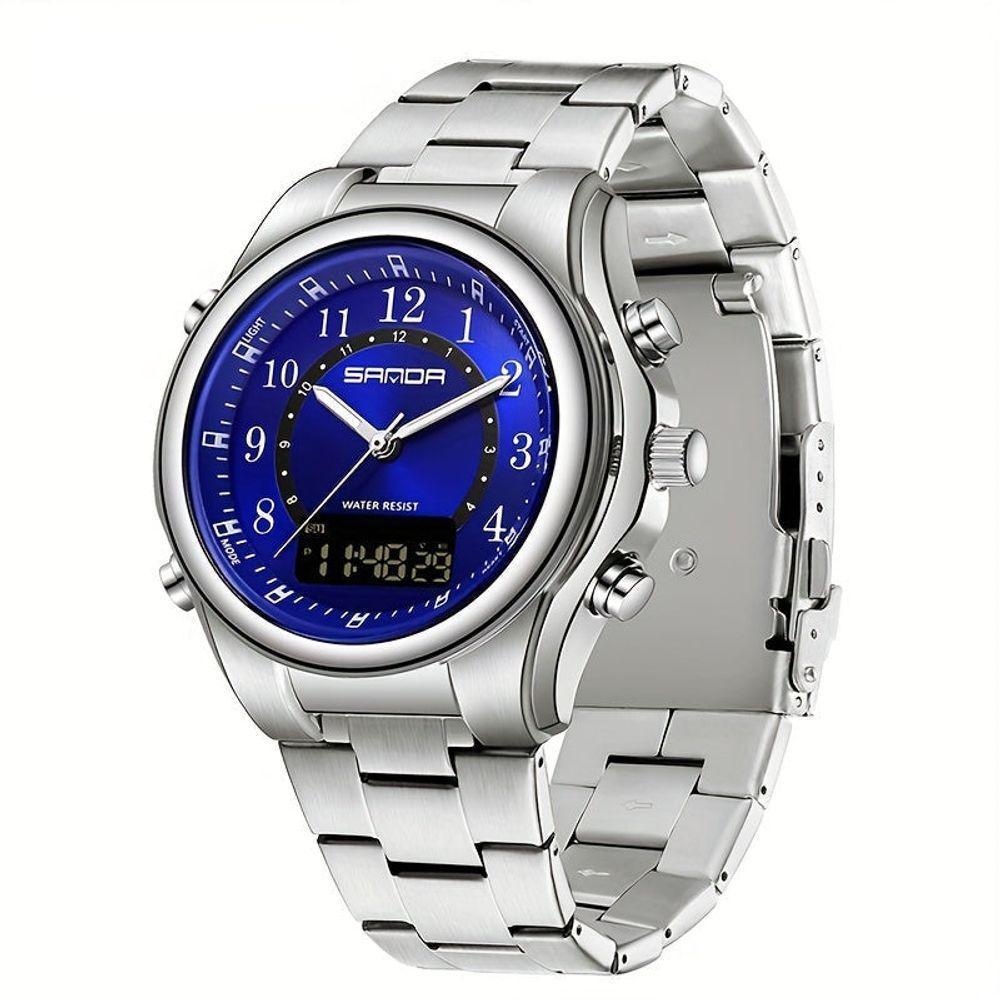 Relógio Masculino Fashion Pulseira De Aço Inoxidável Resistente À Água 50m Prata Azul - 1