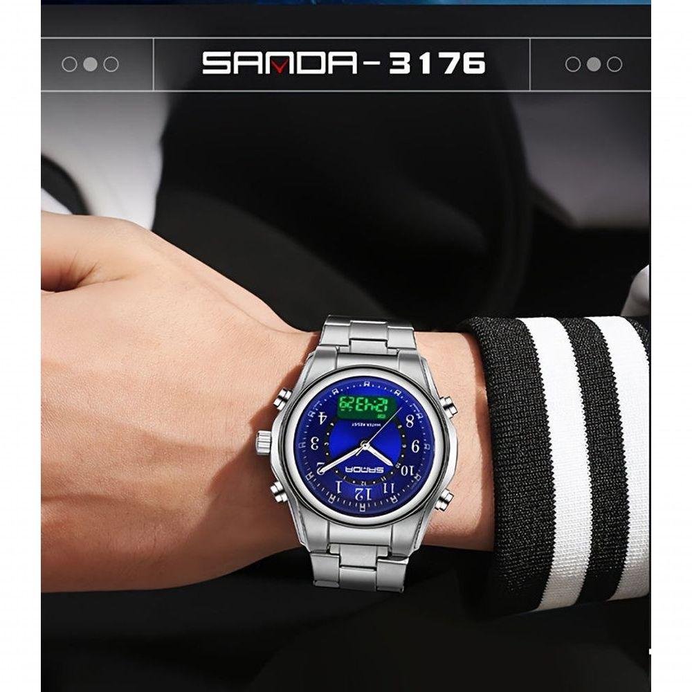 Relógio Masculino Fashion Pulseira De Aço Inoxidável Resistente À Água 50m Prata Azul - 2