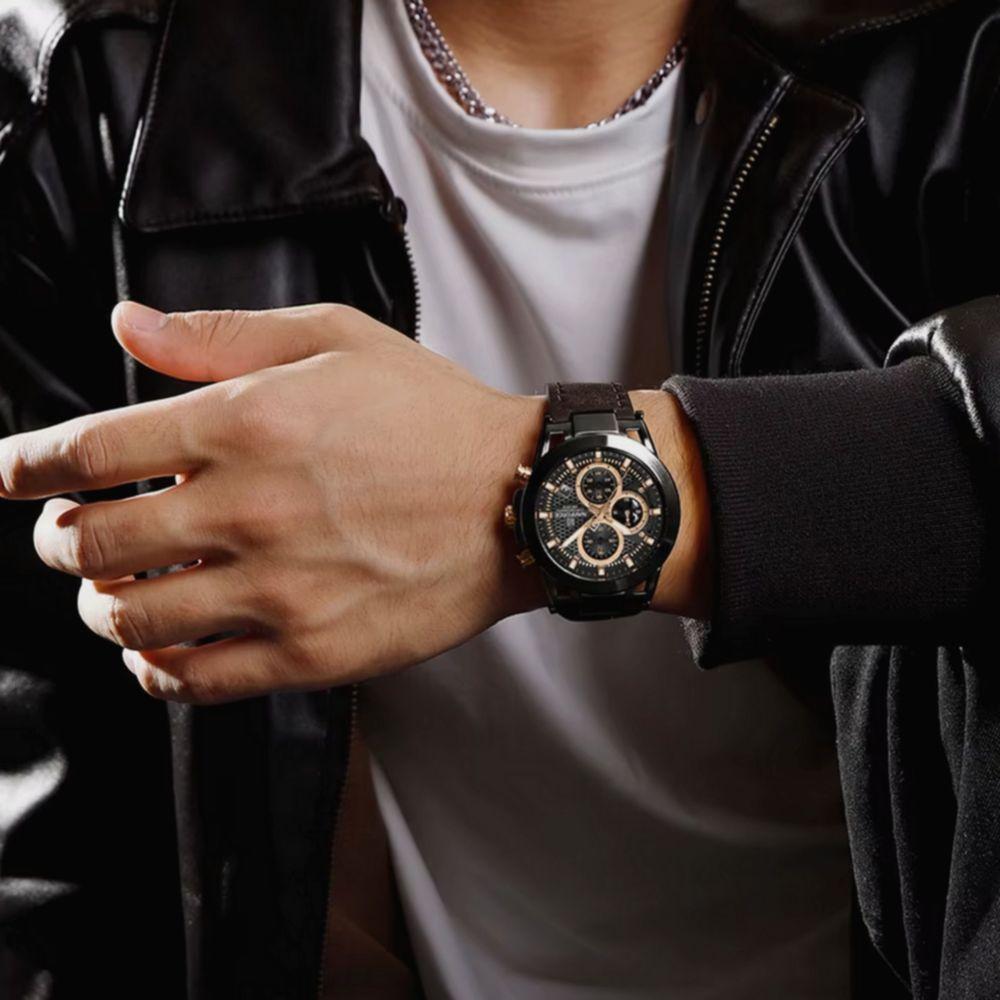 Relógio Analógico Design Esportivo Impermevel À Prova Da Água Pulseira Em Couro Ecológico Marrom Rose - 3