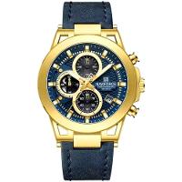 Relógio Analógico Design Esportivo Impermevel À Prova Da Água Pulseira Em Couro Ecológico Azul Dourado - 1