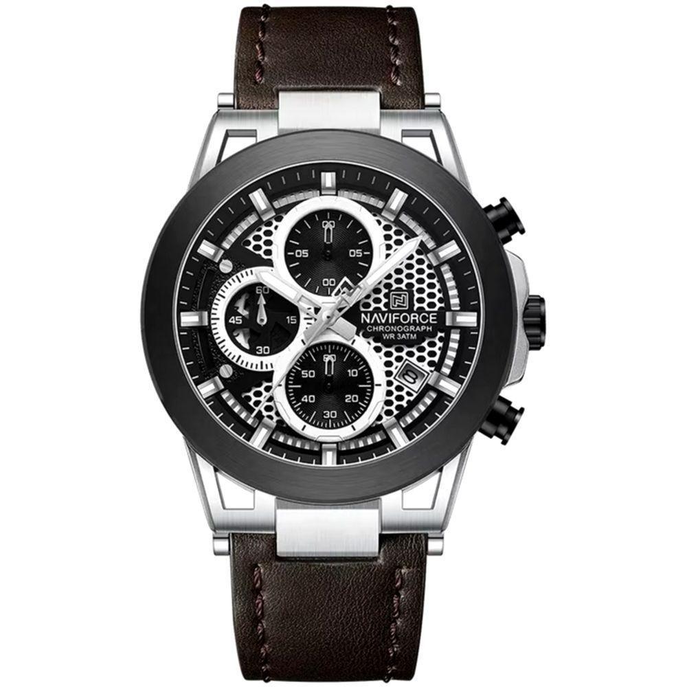 Relógio Analógico Design Esportivo Impermevel À Prova Da Água Pulseira Em Couro Ecológico Marrom Prata - 1