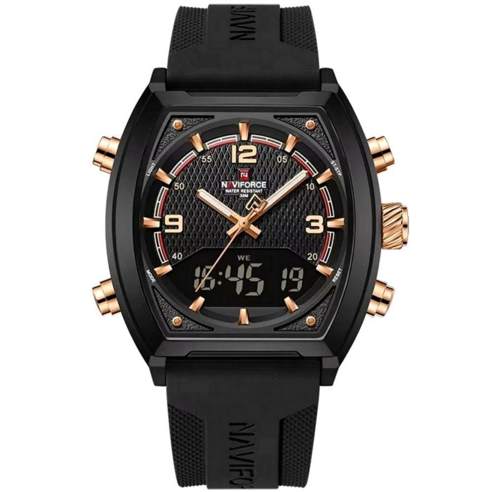 Relógio Digital Masculino Pulseira De Silicone Quartzo Tonneau Duplo Display Esportivo Preto Rose - 1