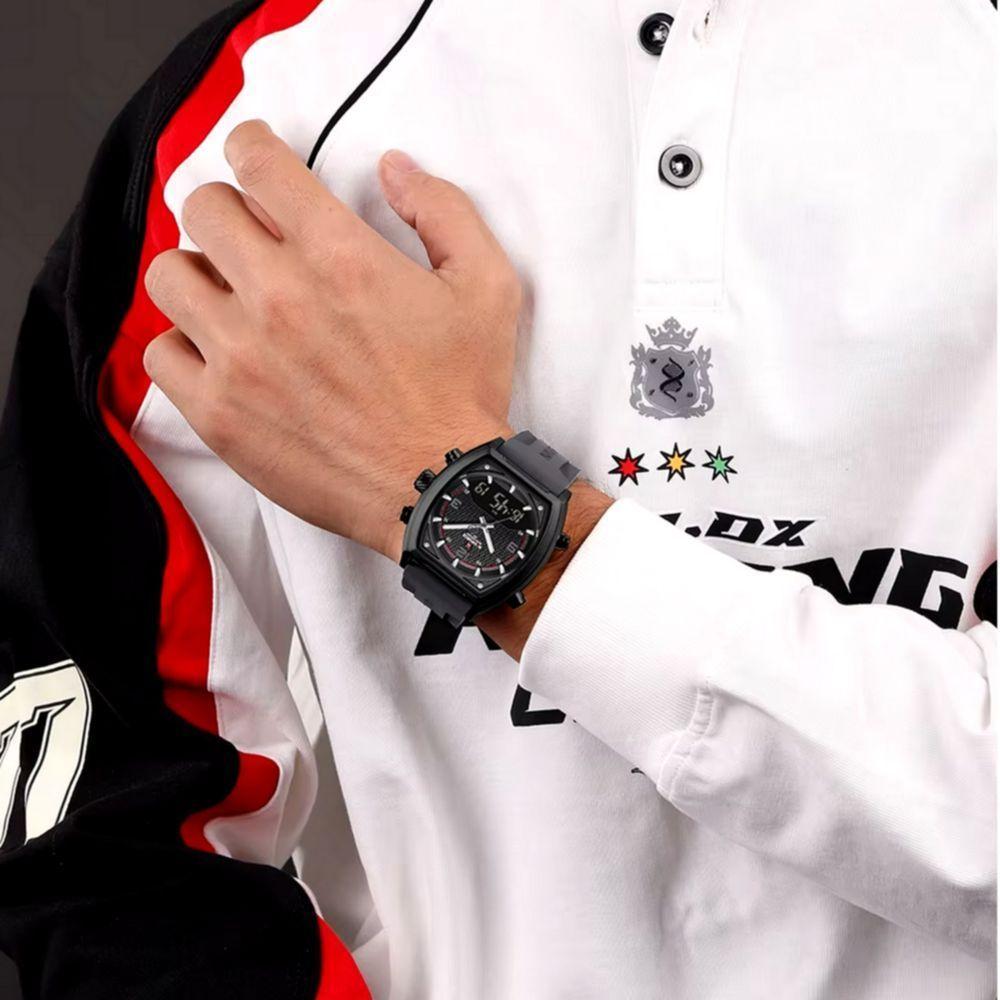 Relógio Digital Masculino Pulseira De Silicone Quartzo Tonneau Duplo Display Esportivo Cinza - 4