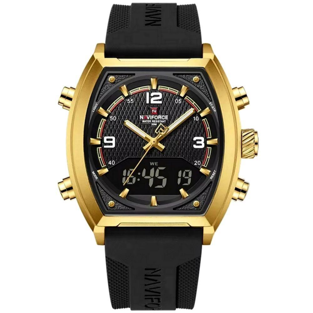 Relógio Digital Masculino Pulseira De Silicone Quartzo Tonneau Duplo Display Esportivo Preto Dourado - 1