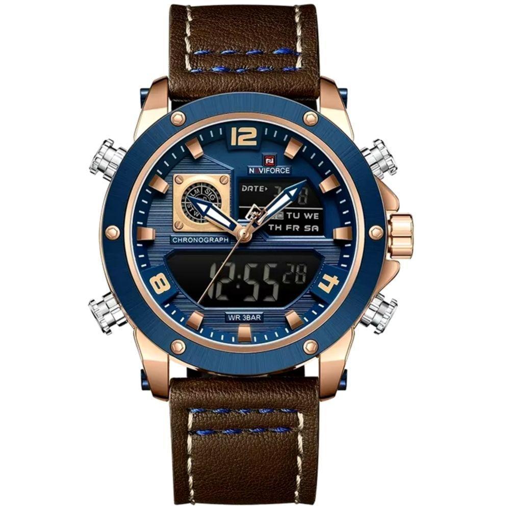 Relógio Masculino De Exibição Dupla Esportivo Militar De Quartzo Impermeavel 3atm À Prova Da Água Azul Dourado - 1