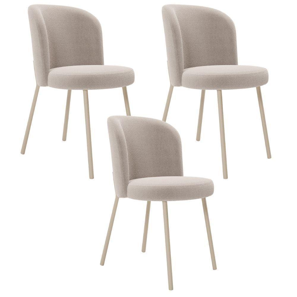 Kit 3 Cadeiras Sala De Jantar Estofada Gavi Arena L02 Bouclê Creme Lyam Decor - 1