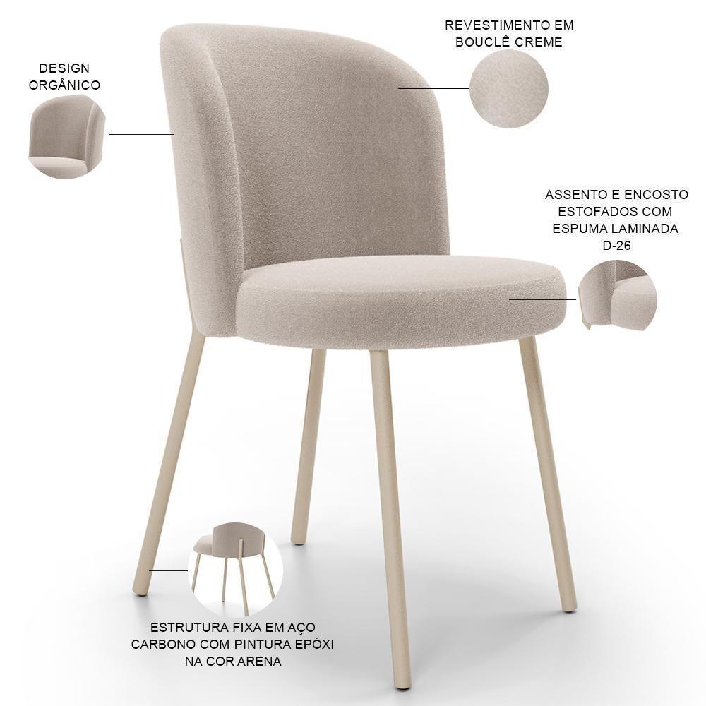 Kit 2 Cadeiras Sala De Jantar Estofada Gavi Arena L02 Bouclê Creme Lyam Decor - 4