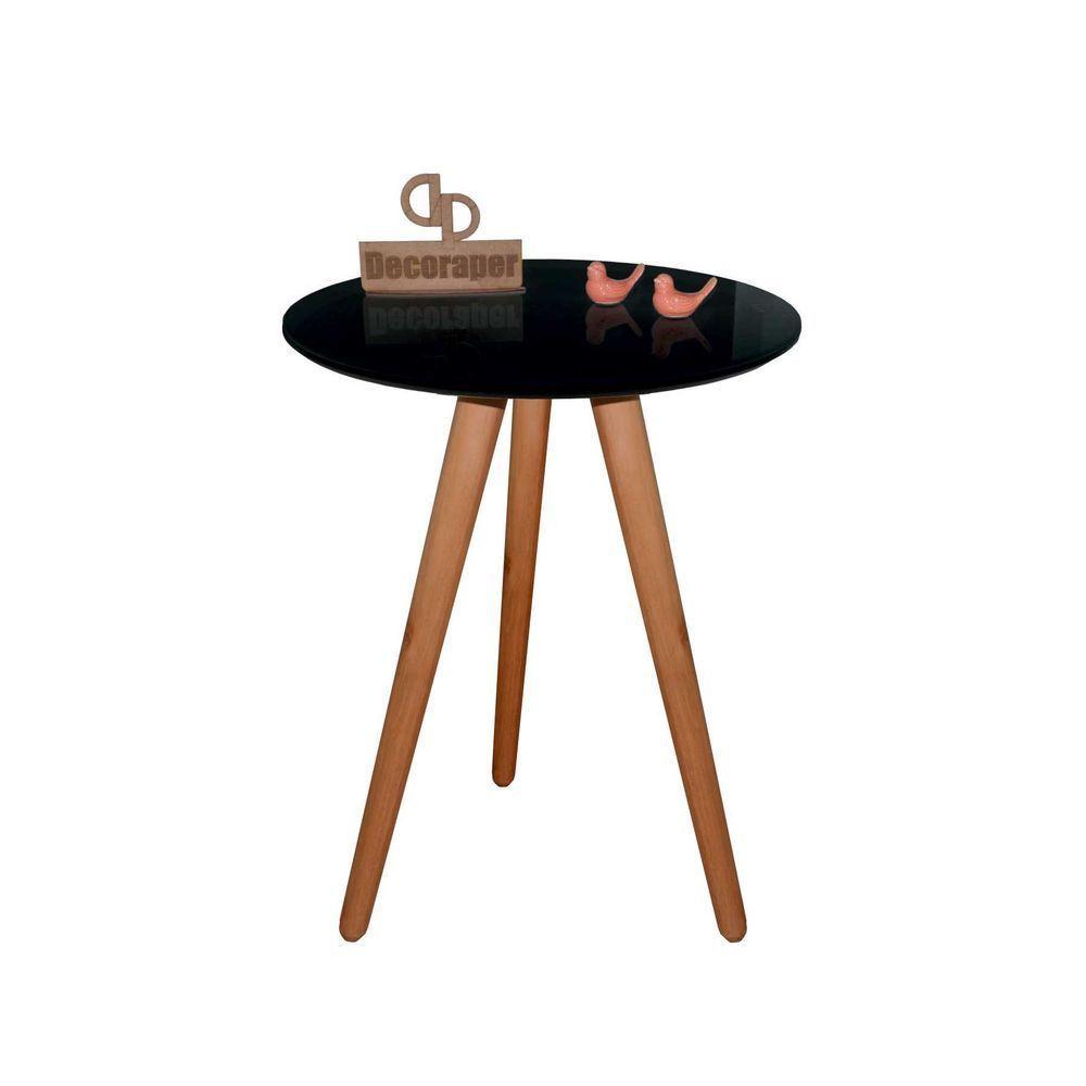 Mesa De Canto Pés Palito Amadeirado Com Tampo Vidro 50cm Preto 50cm - 1