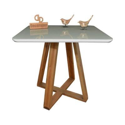 Mesa Jantar Base X Tampo Quadrado Laca Com Vidro 90cm Off White