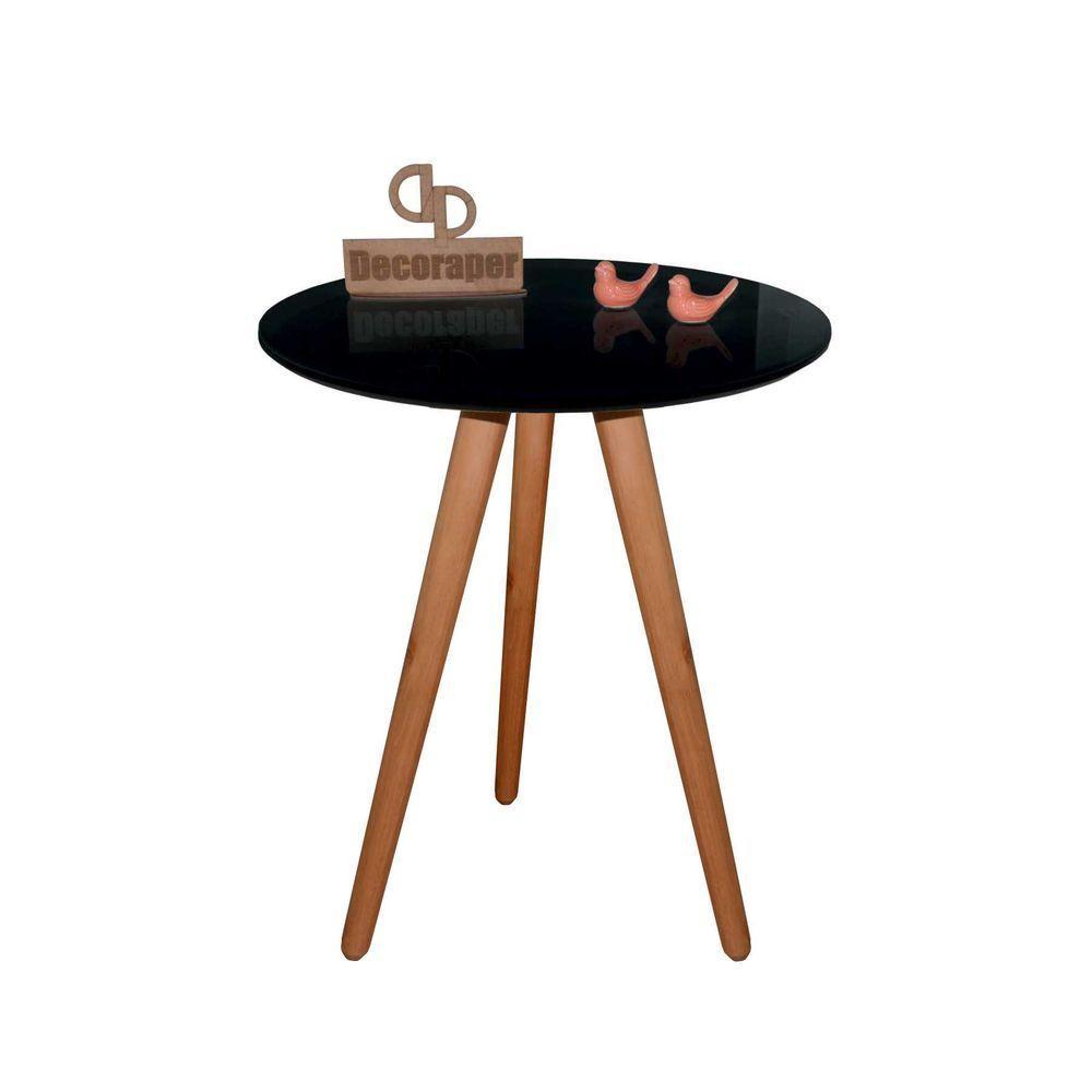 Mesa De Canto Pés Palito Amadeirado Com Tampo Vidro 70cm Preto 60cm - 1