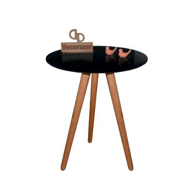 Mesa De Canto Pés Palito Amadeirado Com Tampo Vidro 70cm Preto 60cm