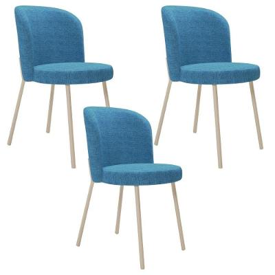 Kit 3 Cadeiras Gavi Arena L02 Estrutura em Aço Estofada em Linho Azul para Sala de Jantar